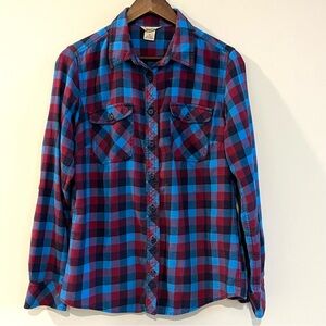 Duluth Trading Co Plaid Folklore Flannel Women's Shirt Red Blue Purple Size M